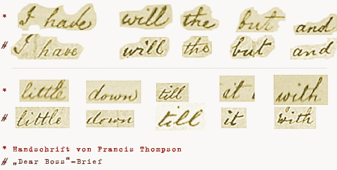 Vergleich von Francis Thompsons Handschrift mit der des "Dear Boss"-Briefes